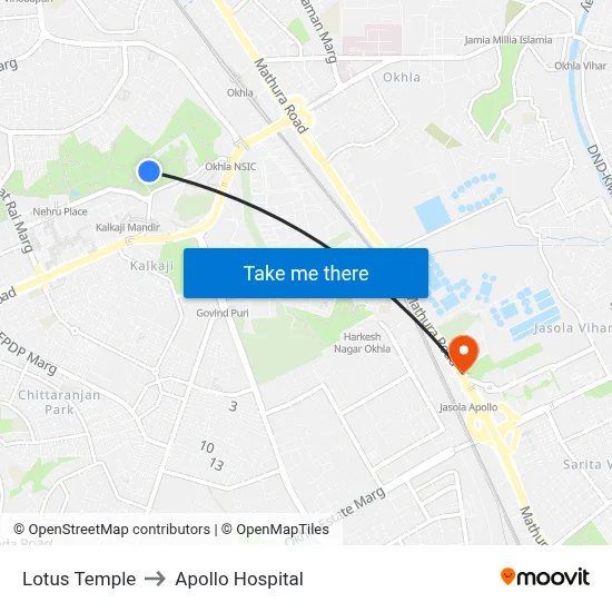 Lotus Temple to Apollo Hospital map