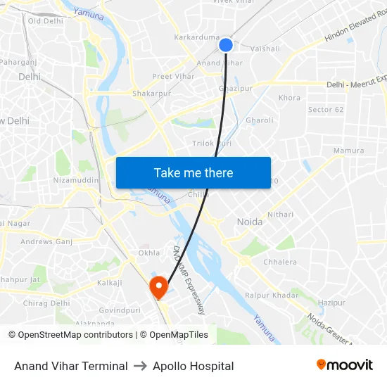 Anand Vihar Terminal to Apollo Hospital map