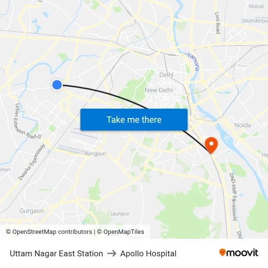 Uttam Nagar East Station to Apollo Hospital map