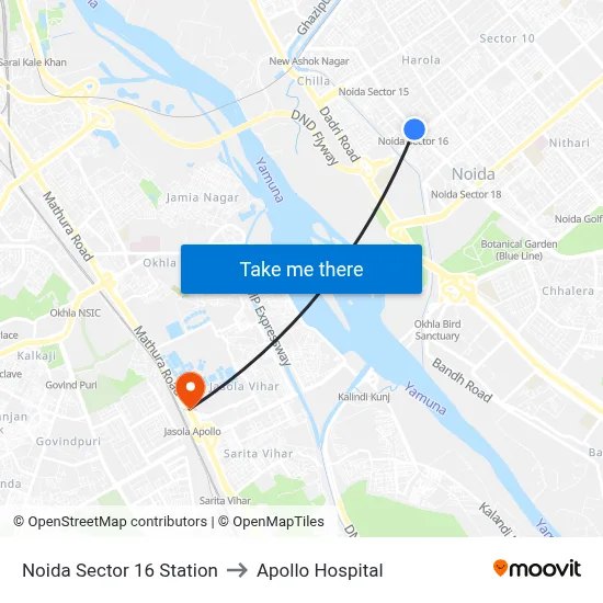 Noida Sector 16 Station to Apollo Hospital map
