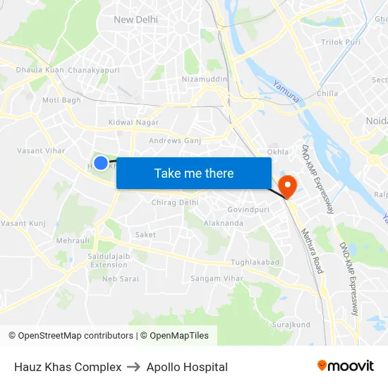 Hauz Khas Complex to Apollo Hospital map