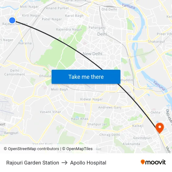 Rajouri Garden Station to Apollo Hospital map