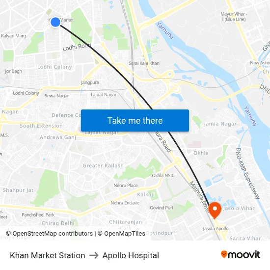 Khan Market Station to Apollo Hospital map