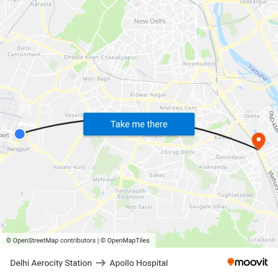 Delhi Aerocity Station to Apollo Hospital map