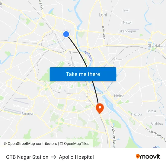 GTB Nagar Station to Apollo Hospital map