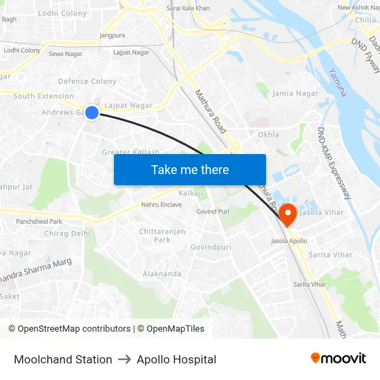 Moolchand Station to Apollo Hospital map