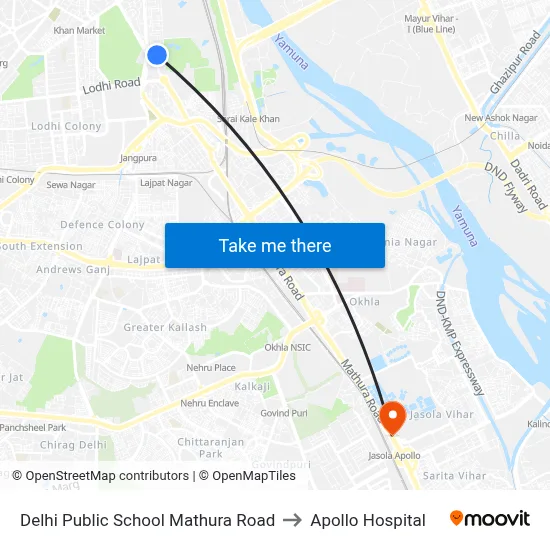 Delhi Public School Mathura Road to Apollo Hospital map