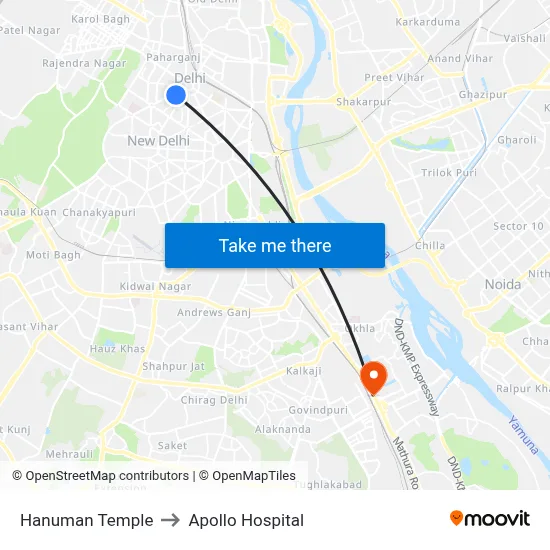 Hanuman Temple to Apollo Hospital map