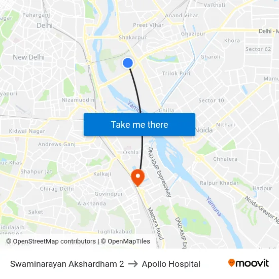 Swaminarayan Akshardham 2 to Apollo Hospital map