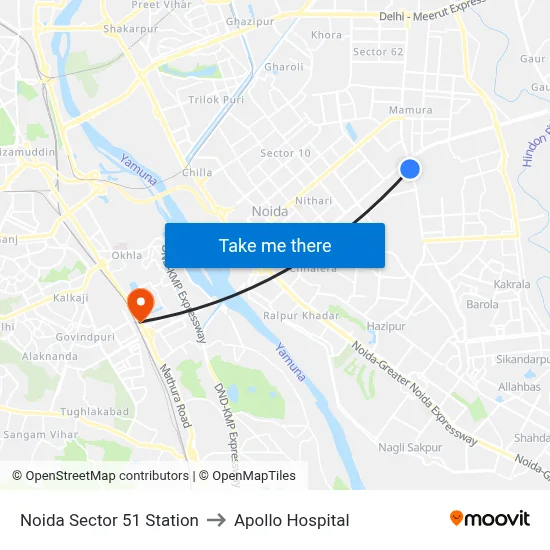 Noida Sector 51 Station to Apollo Hospital map