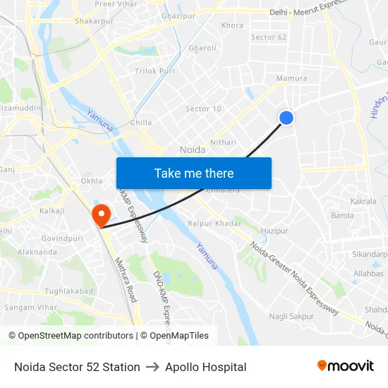 Noida Sector 52 Station to Apollo Hospital map