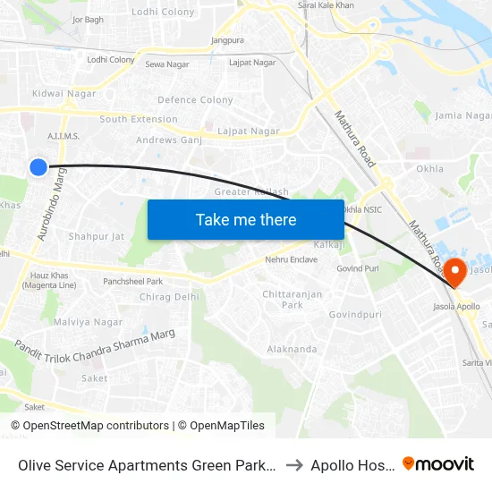 Olive Service Apartments Green Park New Delhi to Apollo Hospital map