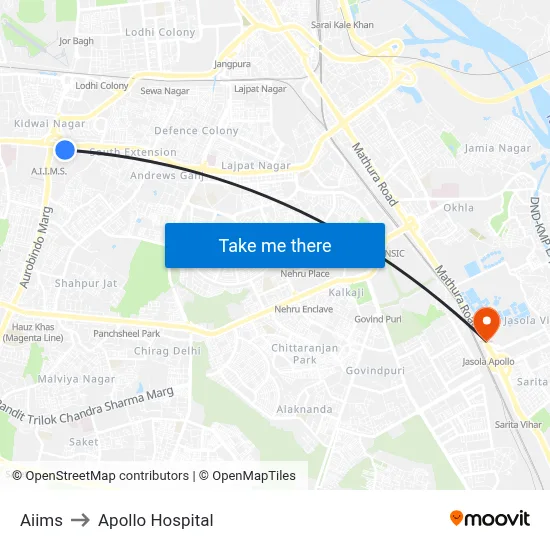 Aiims to Apollo Hospital map