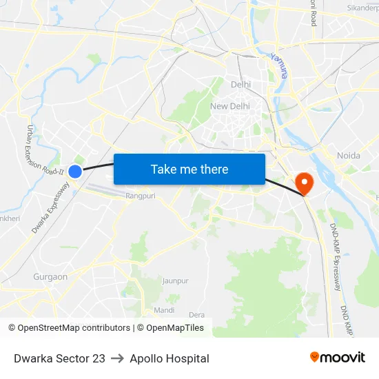 Dwarka Sector 23 to Apollo Hospital map