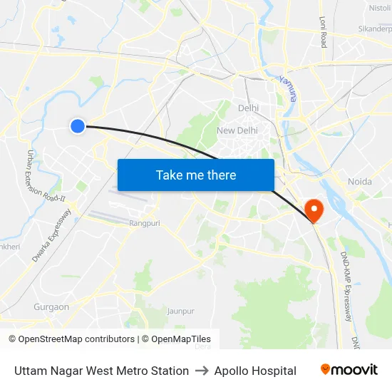 Uttam Nagar West Metro Station to Apollo Hospital map