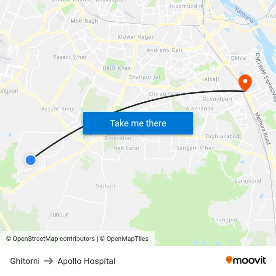 Ghitorni to Apollo Hospital map