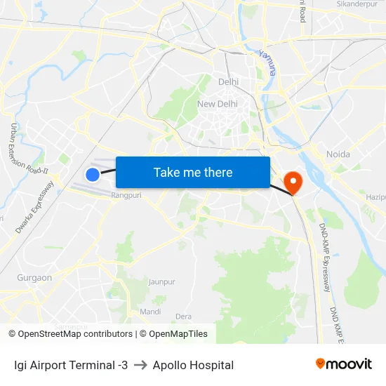 Igi Airport Terminal -3 to Apollo Hospital map