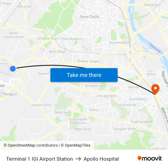 Terminal 1 IGI Airport Station to Apollo Hospital map