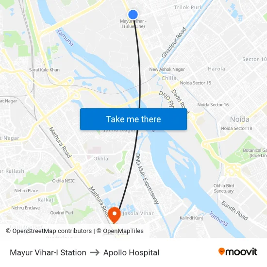 Mayur Vihar-I Station to Apollo Hospital map