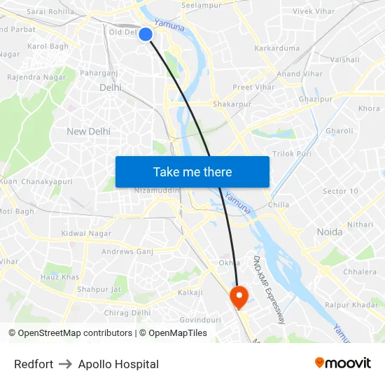 Redfort to Apollo Hospital map