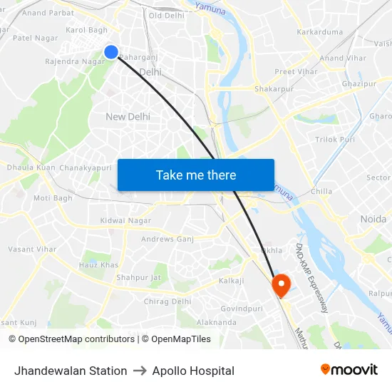 Jhandewalan Station to अपोलो अस्पताल map