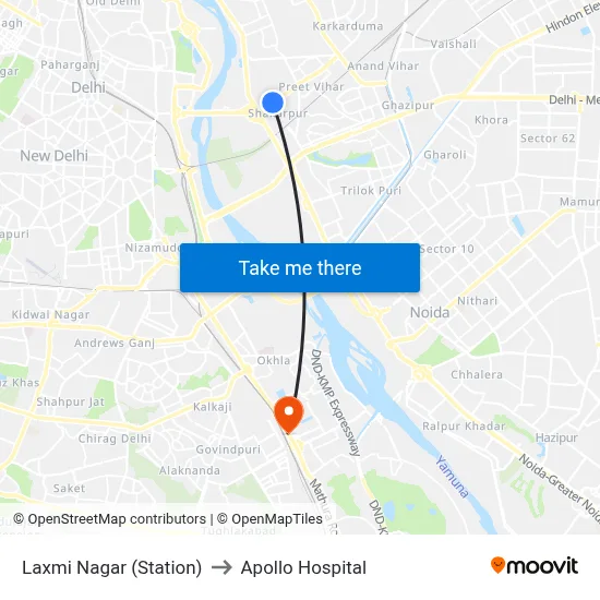 Laxmi Nagar (Station) to Apollo Hospital map