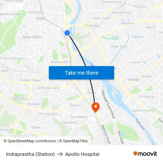 Indraprastha (Station) to Apollo Hospital map