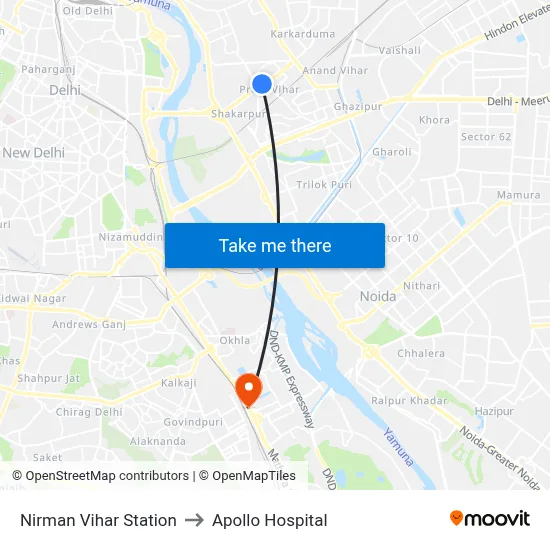 Nirman Vihar Station to Apollo Hospital map