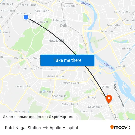 Patel Nagar Station to Apollo Hospital map