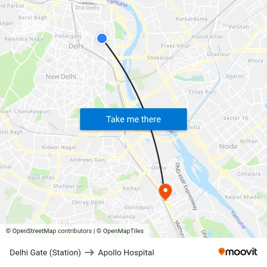 Delhi Gate (Station) to Apollo Hospital map