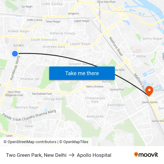 Two Green Park, New Delhi to Apollo Hospital map