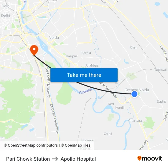 Pari Chowk Station to Apollo Hospital map