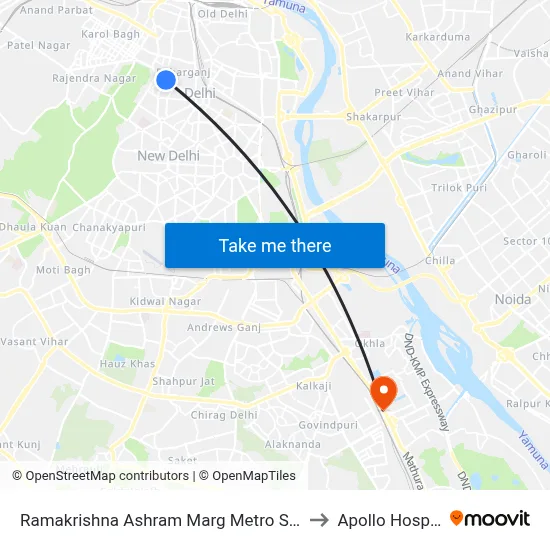 Ramakrishna Ashram Marg Metro Station to Apollo Hospital map