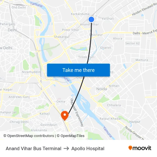 Anand Vihar Bus Terminal to Apollo Hospital map