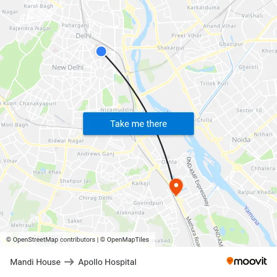 Mandi House to Apollo Hospital map