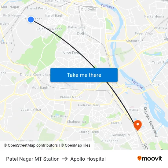 Patel Nagar MT Station to Apollo Hospital map