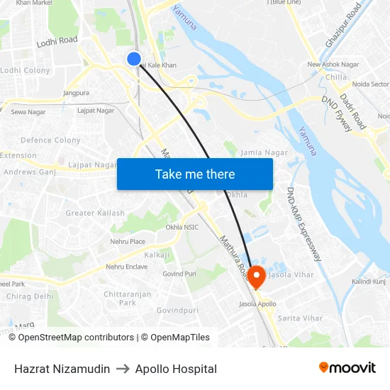Hazrat Nizamudin to Apollo Hospital map