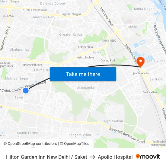 Hilton Garden Inn New Delhi / Saket to Apollo Hospital map
