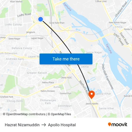 Hazrat Nizamuddin to Apollo Hospital map