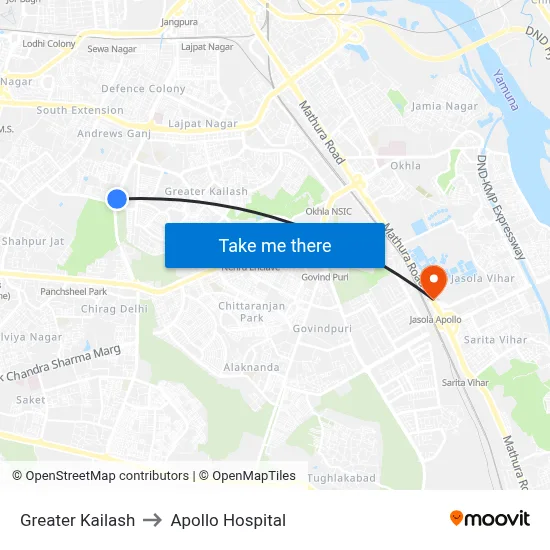 Greater Kailash to Apollo Hospital map