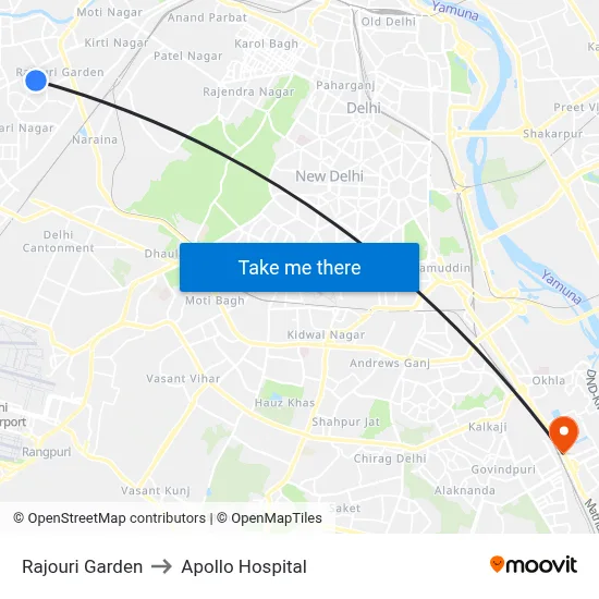 Rajouri Garden to Apollo Hospital map