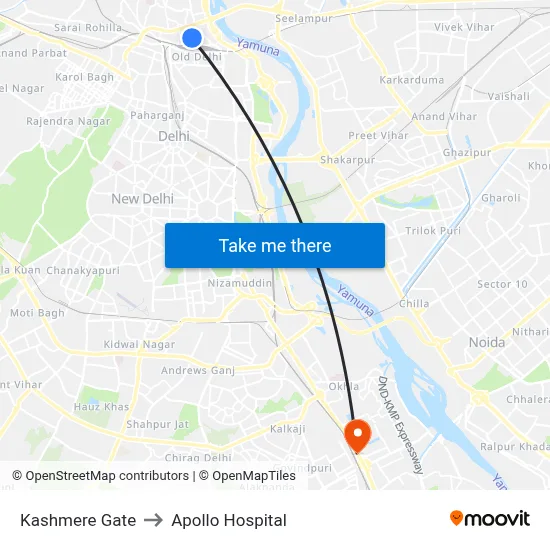 Kashmere Gate to Apollo Hospital map