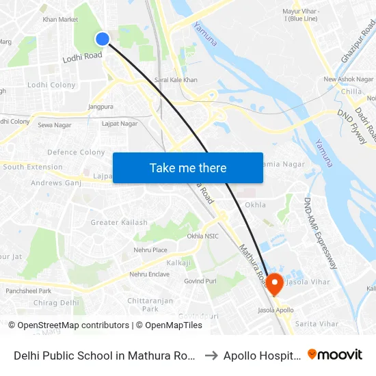 Delhi Public School in Mathura Road, Dr. Zakir Hussain Marg, Delhi Golf Club, Golf Links, New Delhi to Apollo Hospital map