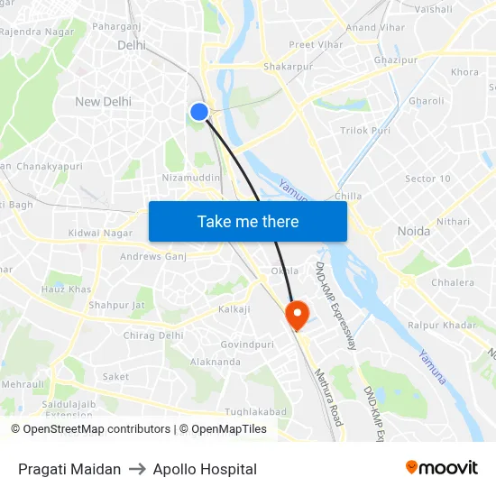 Pragati Maidan to Apollo Hospital map