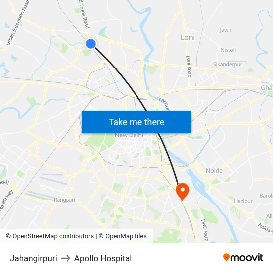 Jahangirpuri to Apollo Hospital map