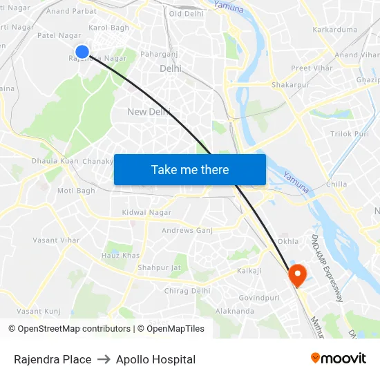 Rajendra Place to Apollo Hospital map