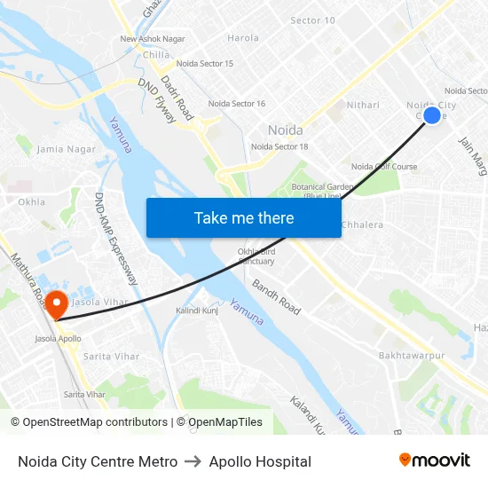 Noida City Centre Metro to Apollo Hospital map