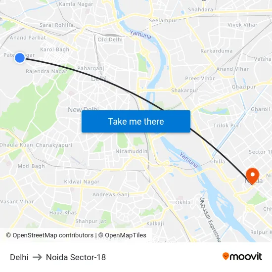 Delhi to Noida Sector-18 map
