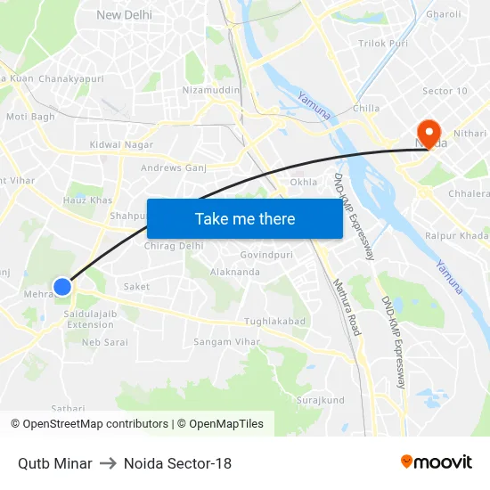 Qutb Minar to Noida Sector-18 map
