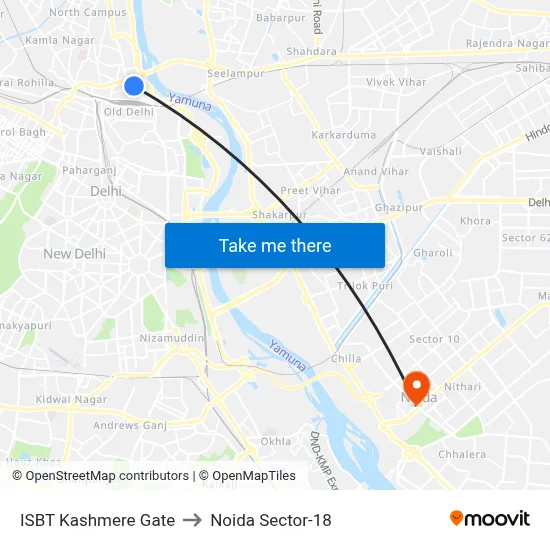 ISBT Kashmere Gate to Noida Sector-18 map